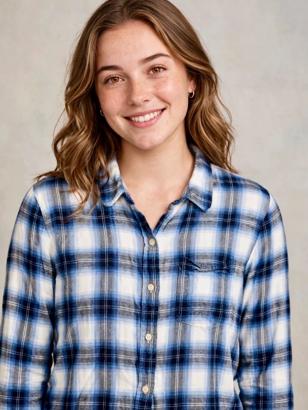 Women's Blue White Plaid Flannel Button-Up Boyfriend Flannel-Lightweight Fall